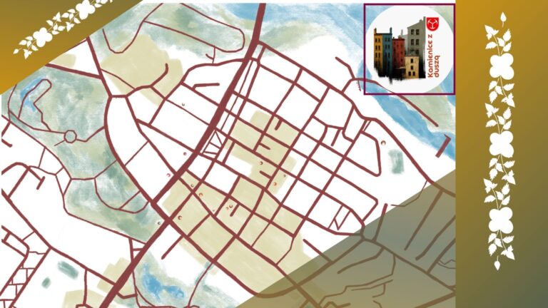 narysowany rysunek miasta, jak na mapie. W górnym prawym rogu kilka przyklejonych do siebie budynków, z napisem Kamienice z duszą i herbem miasta Brzeg