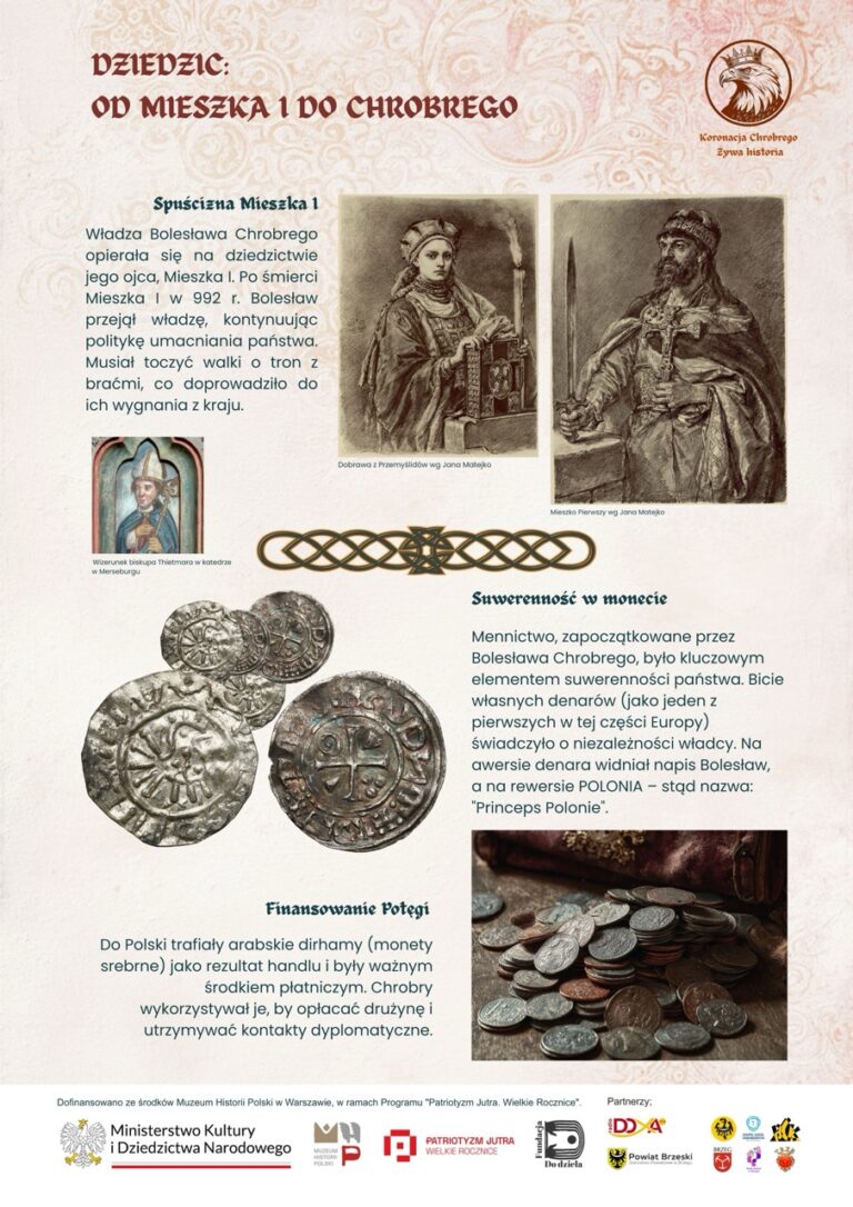Plansza przedstawia początki władzy Bolesława Chrobrego, jego dziedzictwo po Mieszku I oraz znaczenie mennictwa i handlu dla niezależności państwa polskiego.