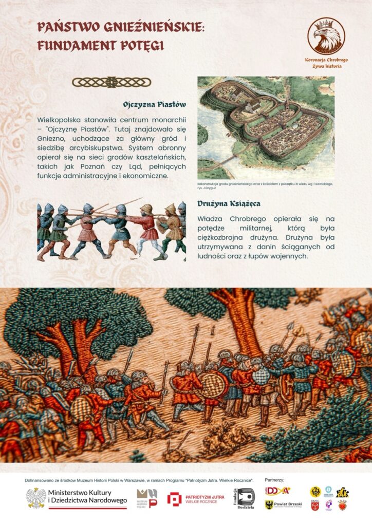 Plansza ukazuje organizację państwa Piastów, rolę Gniezna jako centrum władzy i znaczenie drużyny książęcej w budowie potęgi Chrobrego.