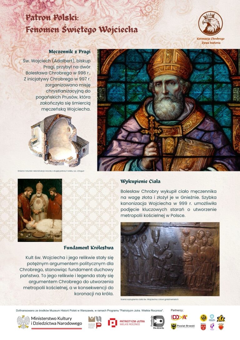 Plansza opowiada o św. Wojciechu, jego męczeństwie, kulcie i roli w umocnieniu pozycji Polski w chrześcijańskiej Europie.