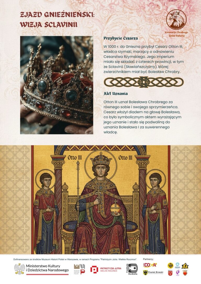 Plansza przedstawia spotkanie cesarza Ottona III z Bolesławem Chrobrym w 1000 roku oraz symboliczne uznanie Polski za równorzędne królestwo.