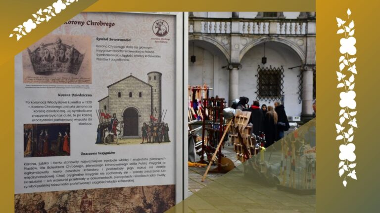 Plansza wystawy ‘Koronacja Chrobrego’ oraz uczestnicy pikniku historycznego na dziedzińcu Zamku Piastów Śląskich