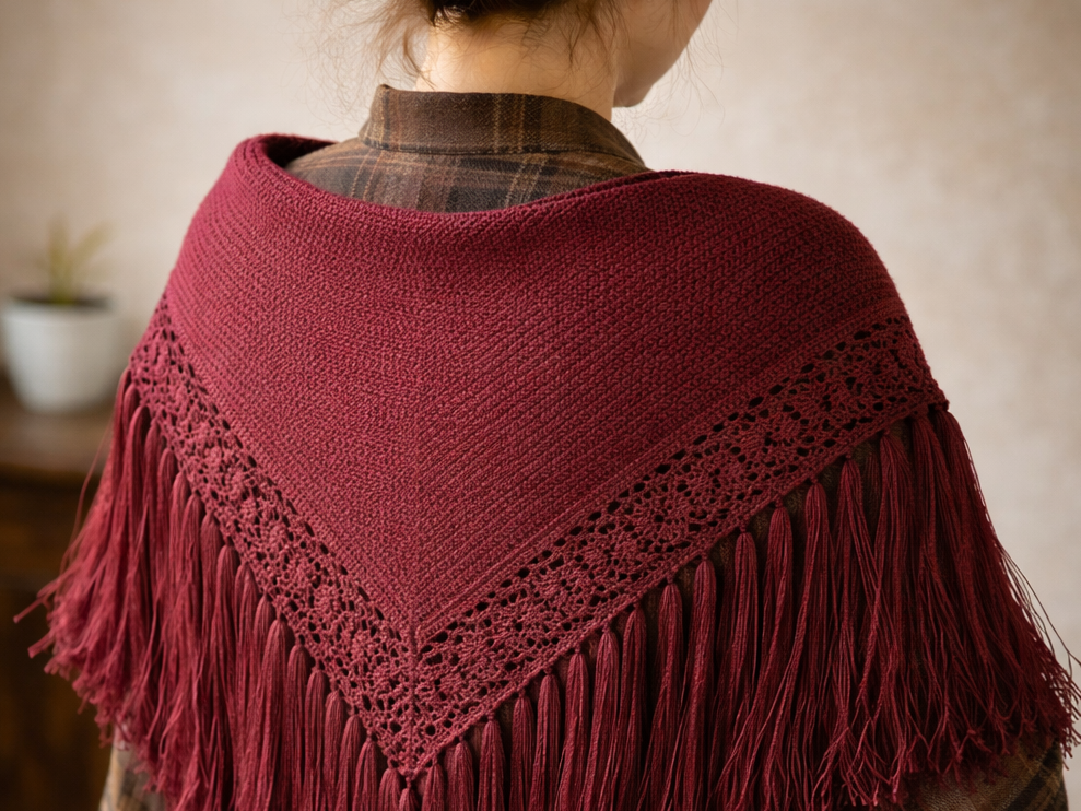 chusta robiona na szydełku, ozdobiona na krańcach paskiem koronki, z długimi, gęstymi frędzlami leży na damskich ramionach