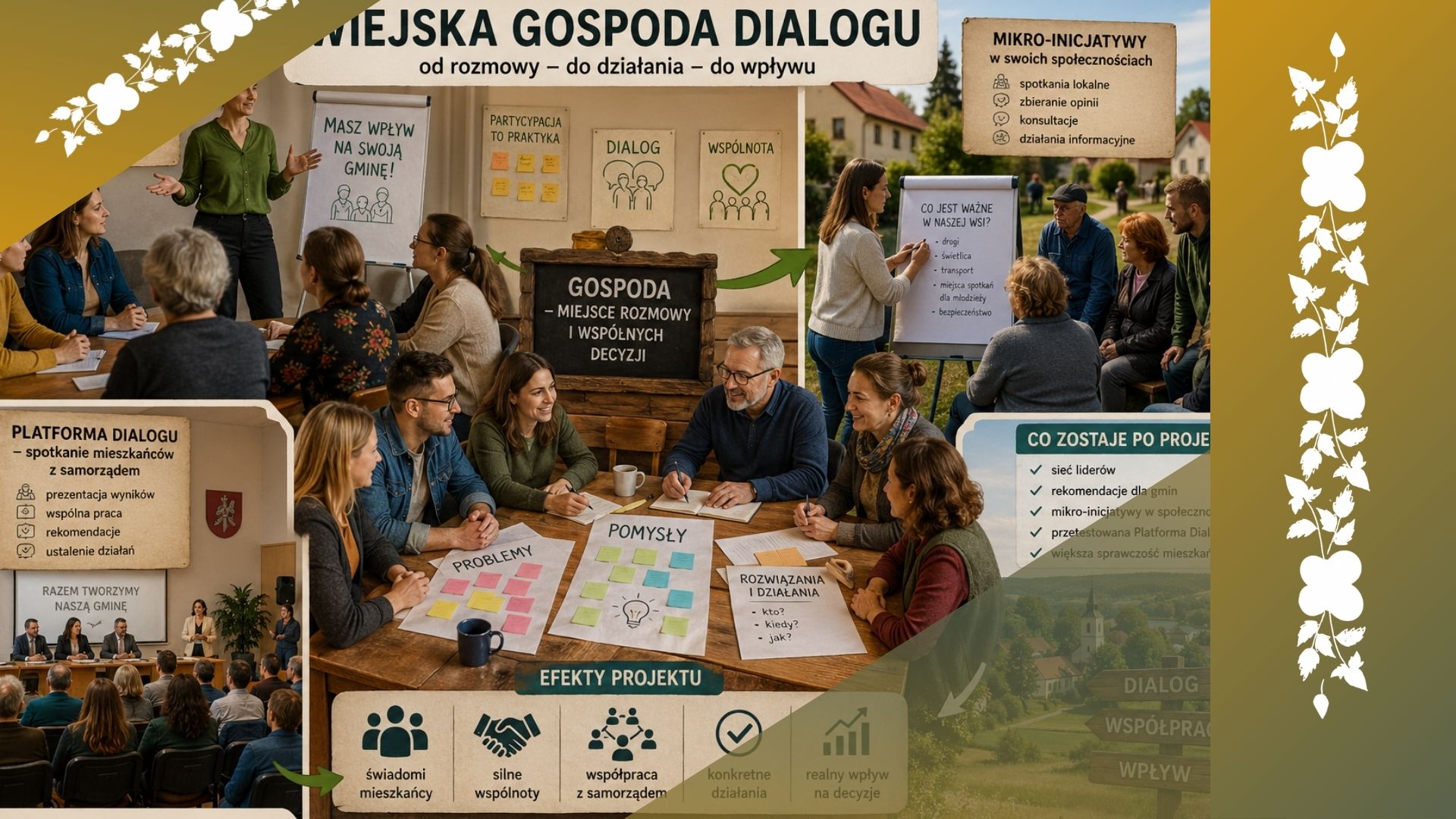 Infografika przedstawiająca projekt „Wiejska Gospoda Dialogu”. Widać grupy mieszkańców pracujących razem przy stole, prowadzących rozmowy i planujących działania lokalne z wykorzystaniem karteczek i flipchartów. Ilustracja pokazuje etapy projektu: szkolenia, mikro-inicjatywy w społecznościach oraz spotkanie mieszkańców z przedstawicielami samorządu (Platforma Dialogu). Na grafice znajdują się hasła dotyczące współpracy, dialogu i wpływu na decyzje w gminie oraz informacje o efektach projektu, takich jak silniejsze społeczności, konkretne działania i większe zaangażowanie obywatelskie.