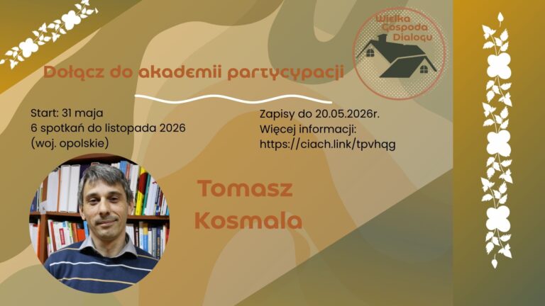 napisy dotyczace rekrutacji do projektu, ponizej imie i nazwisko pierwszego prowadzącego: Tomasz Kosmala, a z lewej strony jed=go zdjęcie.
