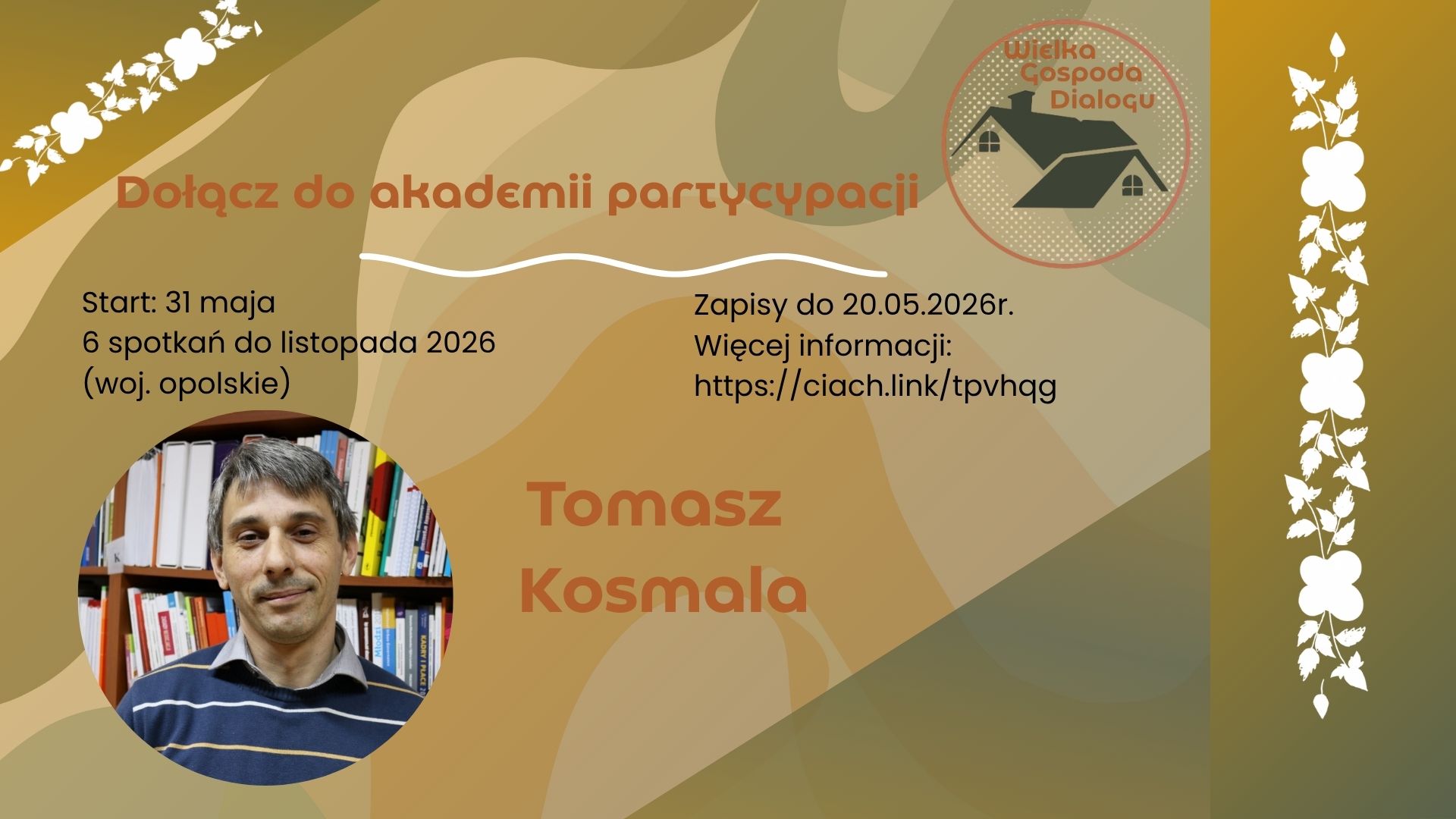 napisy dotyczace rekrutacji do projektu, ponizej imie i nazwisko pierwszego prowadzącego: Tomasz Kosmala, a z lewej strony jed=go zdjęcie.