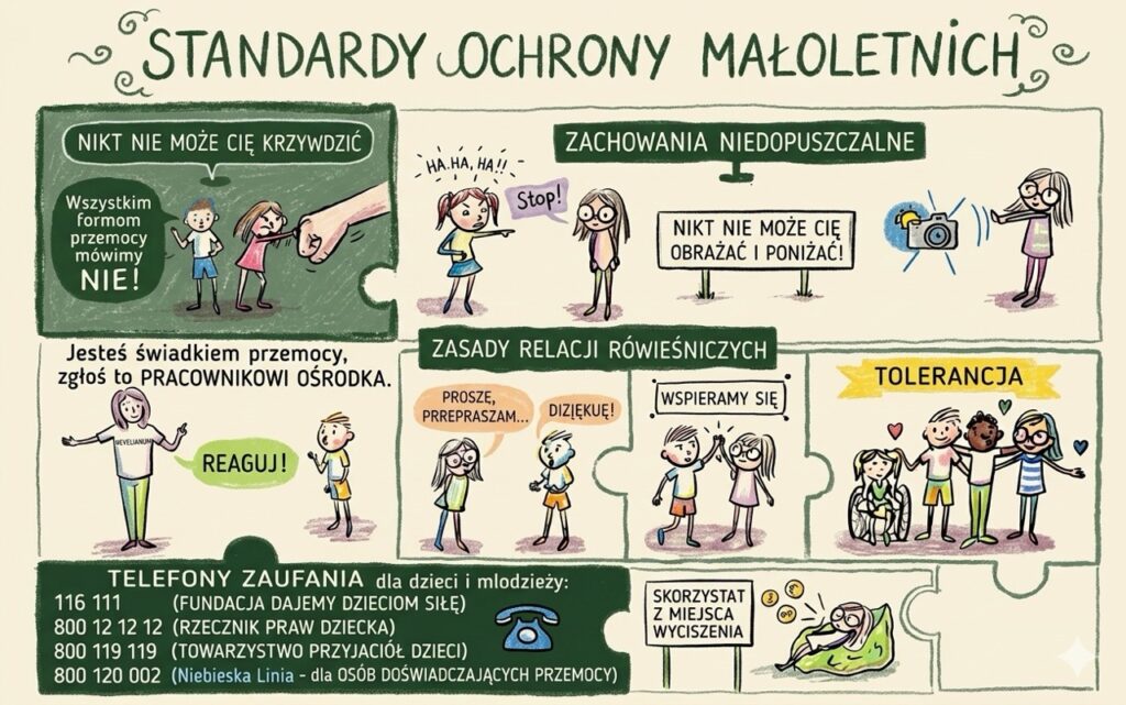 Infografika w formie komiksowych ilustracji i puzzli, zatytułowana „STANDARDY OCHRONY MAŁOLETNICH”, podzielona jest na cztery główne sekcje tematyczne. Styl rysunków jest dziecięcy, lekki, a całość utrzymana jest w ciepłej kolorystyce sepii z zielonymi akcentami. Sekcja 1 (Góra po lewej): Zatytułowana „NIKT NIE MOŻE CIĘ KRZYWDZIĆ” (w zielonej ramce) i „Wszystkim formom przemocy mówimy NIE!” (w ciemniejszej chmurce). Rysunek przedstawia dorosłą rękę w geście obronnym przed dwojgiem dzieci (dziewczynką i chłopcem), które wyglądają na przestraszone. Obok znajduje się instrukcja: „Jesteś świadkiem przemocy, zgłoś to PRACOWNIKOWI OŚRODKA.” oraz ilustracja opiekunki mówiącej: „REAGUJ!”, skierowana do dziecka. Sekcja 2 (Góra po prawej): Zatytułowana „ZACHOWANIA NIEDOPUSZCZALNE”. Zawiera trzy scenki: Dziewczynka w czerwonej sukience śmieje się i krzyczy „HA, HA, HA!!” w stronę innej dziewczynki z podpisem „Stop!”. Dymek z napisem „NIKT NIE MOŻE CIĘ OBRAŻAĆ I PONIŻAĆ!” Inne dziecko zasłania aparat fotograficzny, przed dzieckiem, które robi mu zdjęcie. Sekcja 3 (Środek po prawej): Zatytułowana „ZASADY RELACJI RÓWIEŚNICZYCH”. Przedstawia pozytywne zachowania: Dzieci wymieniające się kartami z napisami: „PROSZĘ, PRZEPRASZAM...” i „DZIĘKUJĘ!” Dzieci przybijające „piątkę” pod hasłem „WSPIERAMY SIĘ” Grupa pięciorga zróżnicowanych dzieci, w tym jedno na wózku inwalidzkim, przytulona pod napisem „TOLERANCJA”. Dzieci mają wokół siebie serduszka. Sekcja 4 (Dół): Zatytułowana „TELEFONY ZAUFANIA dla dzieci i młodzieży:”. Lista numerów i organizacji: 116 111 (FUNDACJA DAJEMY DZIECIOM SIŁĘ) 800 12 12 12 (RZECZNIK PRAW DZIECKA) 800 119 119 (TOWARZYSTWO PRZYJACIÓŁ DZIECI) 800 120 002 (Niebieska Linia - dla OSÓB DOŚWIADCZAJĄCYCH PRZEMOCY) Obok numerów znajduje się ikona telefonu oraz mała sekcja „SKORZYSTAJ Z MIEJSCA WYCISZENIA”, z rysunkiem dziecka odpoczywającego na zielonym pufie w otoczeniu kwiatków. Całość jest zamknięta w formie puzzli, co sugeruje, że wszystkie elementy składają się na spójny system ochrony.