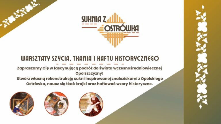 baner projektu Suknia z Ostrówka - z napisem zapraszamy na warsztaty. na banerze oprócz napisów widać fragmenty obrazów kobiet szyjących i tkających zak=mknięte w kole