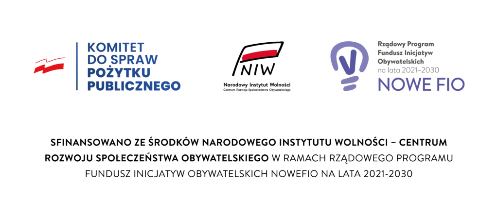 pasek logotypów Komitetu do spraw pożytku publicznego, Narodowego Instytutu Wolności oraz programu Nowe Fio