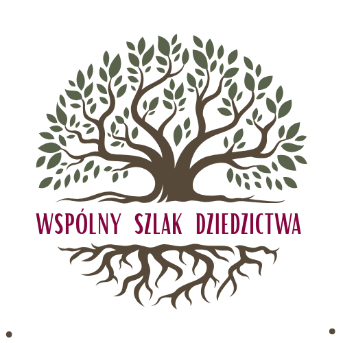 logo projektu Wspólny Szlak Dziedzictwa przedstawiające drzewo z zielonymi liśćmi i korzeniami, pomiędzy konarem, a korzeniami jest przerwa z napisem nazwy projektu: Wspólny Szlak Dziedzictwa