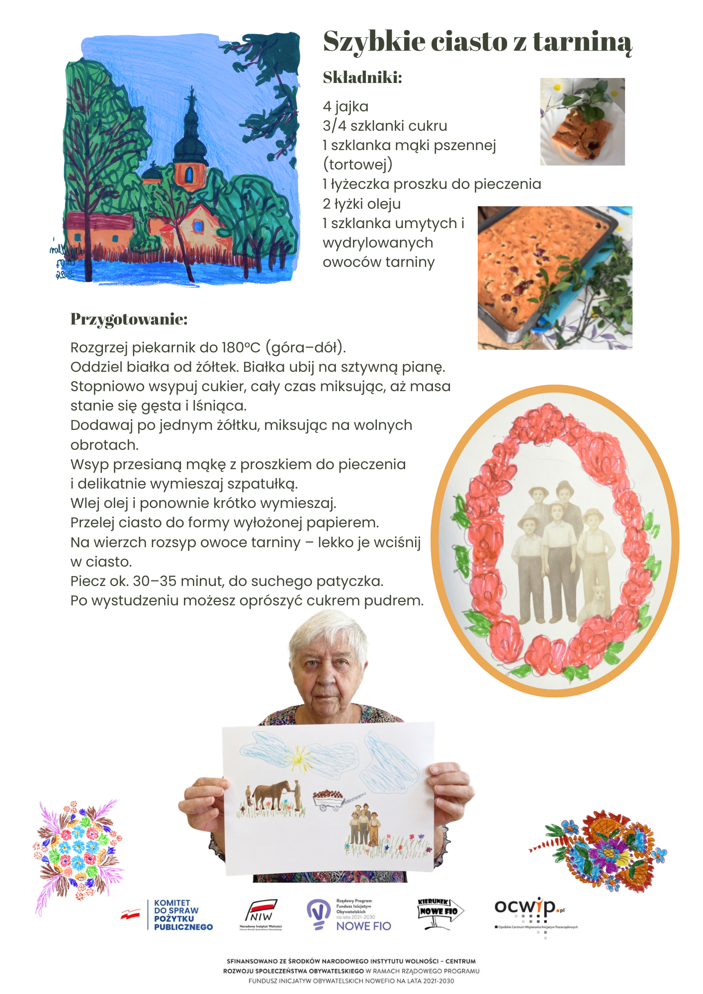 druga strona ulotki o tarnowie. Na górze zamieszczony jest przepis na ciasto z tarniną a poniżej elementy z obrazów ilustracji i malowania wzoru opolskiego wykonane przez uczestników warsztatów - mieszkańców Tarnowa Opolskiego