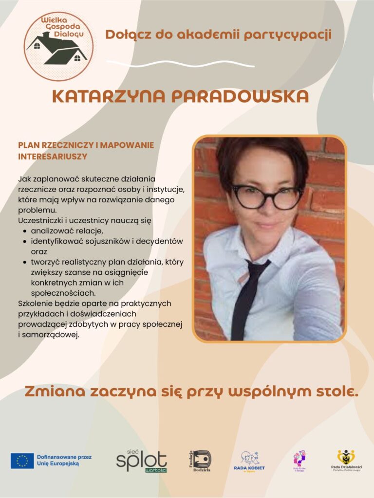 plakat z informacjami dotyczącymi szkolenia  pt. „Plan rzeczniczy i mapowanie interesariuszy” oraz zdjęcie portretowe prowadzącej Katarzyny Paradowskiej.