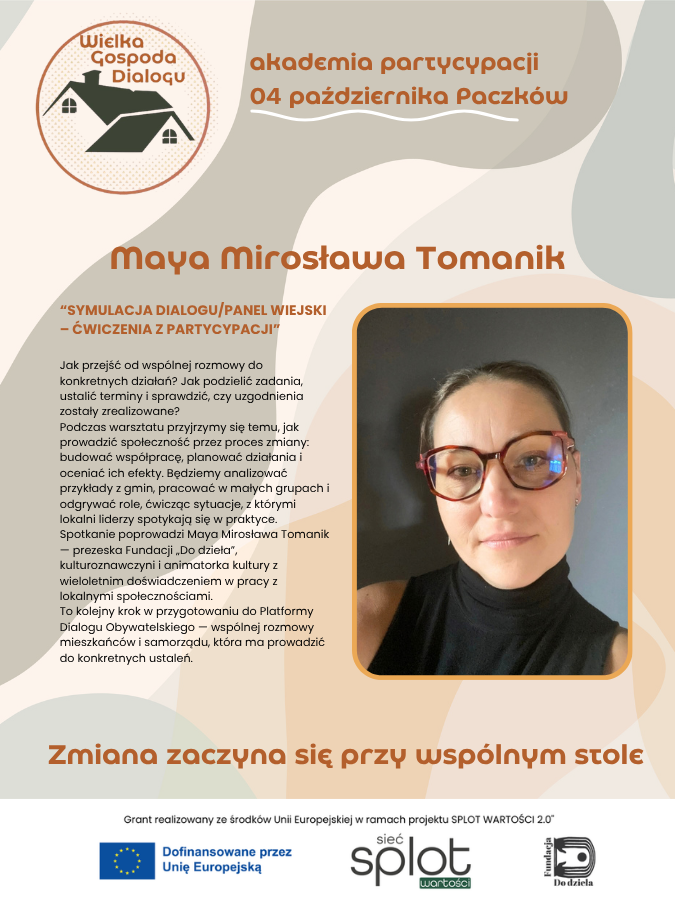 Plakat Akademii Partycypacji „Wielka Gospoda Dialogu”: 4 października w Paczkowie Maya Mirosława Tomanik poprowadzi warsztat „Symulacja dialogu/panel wiejski – ćwiczenia z partycypacji”, poświęcony przekładaniu rozmów na wspólne działania. Na plakacie zdjęcie prowadzącej, hasło „Zmiana zaczyna się przy wspólnym stole” oraz logotypy projektu, Unii Europejskiej, SPLOT Wartości i Fundacji „Do dzieła”.