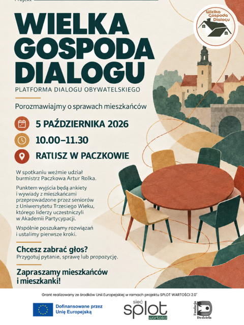 Plakat Platformy Dialogu Obywatelskiego w ramach projektu „Wielka Gospoda Dialogu”. Spotkanie odbędzie się 5 października 2026 roku, w godzinach 10.00–11.30, w Ratuszu w Paczkowie, z udziałem burmistrza Artura Rolki. Rozmowa będzie dotyczyć spraw mieszkańców rozpoznanych poprzez ankiety i wywiady przeprowadzone przez seniorów z Uniwersytetu Trzeciego Wieku. Celem jest wspólne poszukiwanie rozwiązań i ustalenie pierwszych kroków. Zaproszenie skierowane do mieszkańców i mieszkanek: „Chcesz zabrać głos? Przygotuj pytanie, sprawę lub propozycję”.
Na kremowym tle ilustracja okrągłego stołu z krzesłami oraz zabudowy Paczkowa. U góry logotyp projektu, na dole logotypy Unii Europejskiej, SPLOT Wartości i Fundacji „Do dzieła” oraz informacja o finansowaniu grantu ze środków Unii Europejskiej w ramach projektu SPLOT WARTOŚCI 2.0.